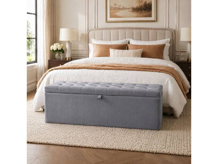 ELVORIN Banquette de bout de lit avec rangement velours gris 138 x 41 x 42 cm