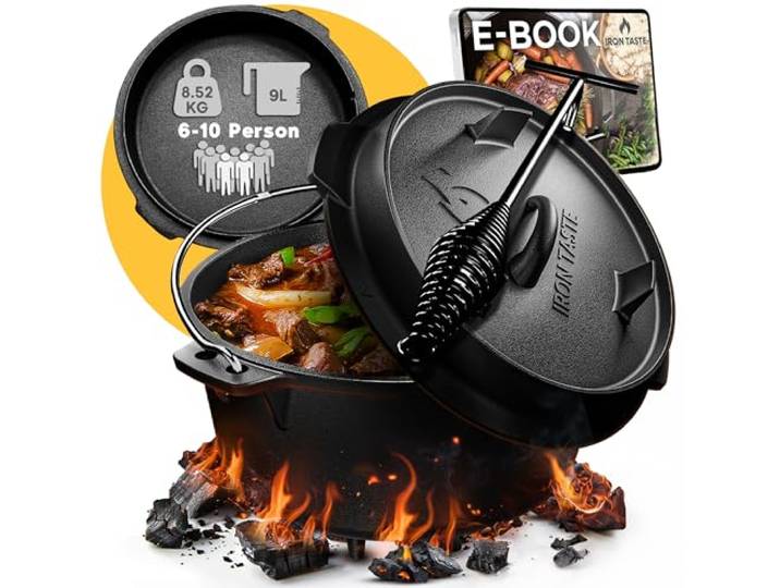 IRON TASTE Dutch Oven Set 9L - Eingebrannter Dutch Oven 9 Liter - Feuertopf Gusseiserner Topf mit Füßen & mit praktischem Deckelheber [für 6-10 Personen]
