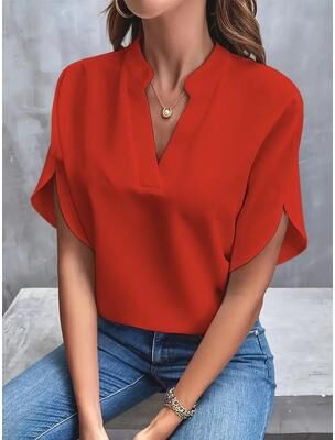 Youfap Market Women Fashion V neck Half Sleeve Shirts, Summer Casual Blouse, Office Elegant Loose Blusas Tops red s