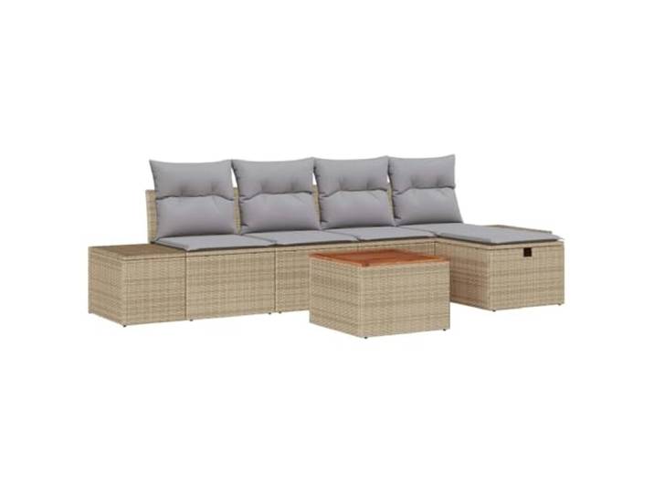 KTHLBRH Gartenmöbel-Set 6-teilig beige Poly Rattan Lackierter Stahl, Akazienholz, Kissen aus Polyesterfaser, Couchtisch, Sitzsack, wasserdichte Tasche