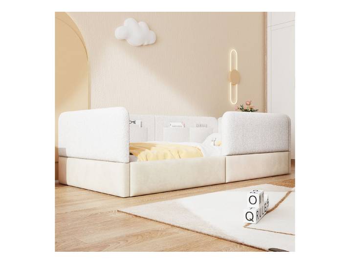 STILVORA Polsterbett 90x200 mit Sicherheitsgeländer Kinderbett Schlafsofa, weiß (Gepolstertes Plattformbett 90 × 200 cm, Weiß, Samtstoff, PU-Untergestell, Holzrahmen), Schutzgeländer, Aufbewahrungstaschen, stabiles Holzgestell