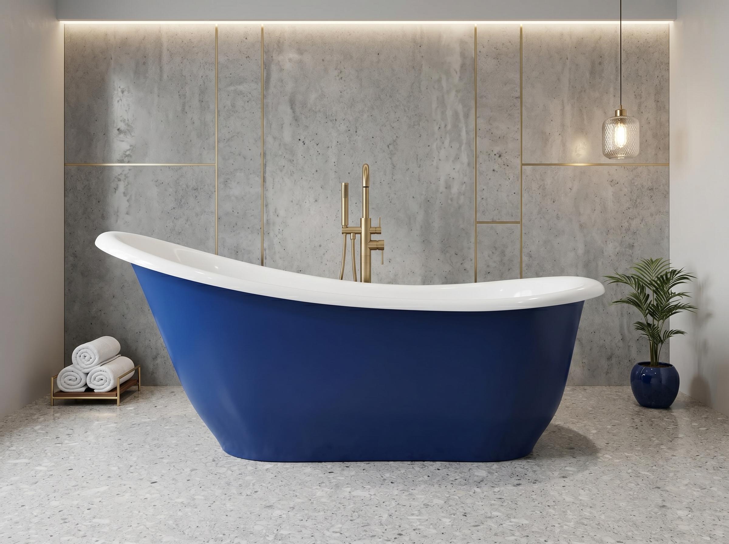 Freistehende Badewanne Modern 180 cm Blau-Weiß Komposit Ohne Füße - Moderne Badewanne Jadwiga Slipper Königsblau mit Kopfstütze Bodenstehend