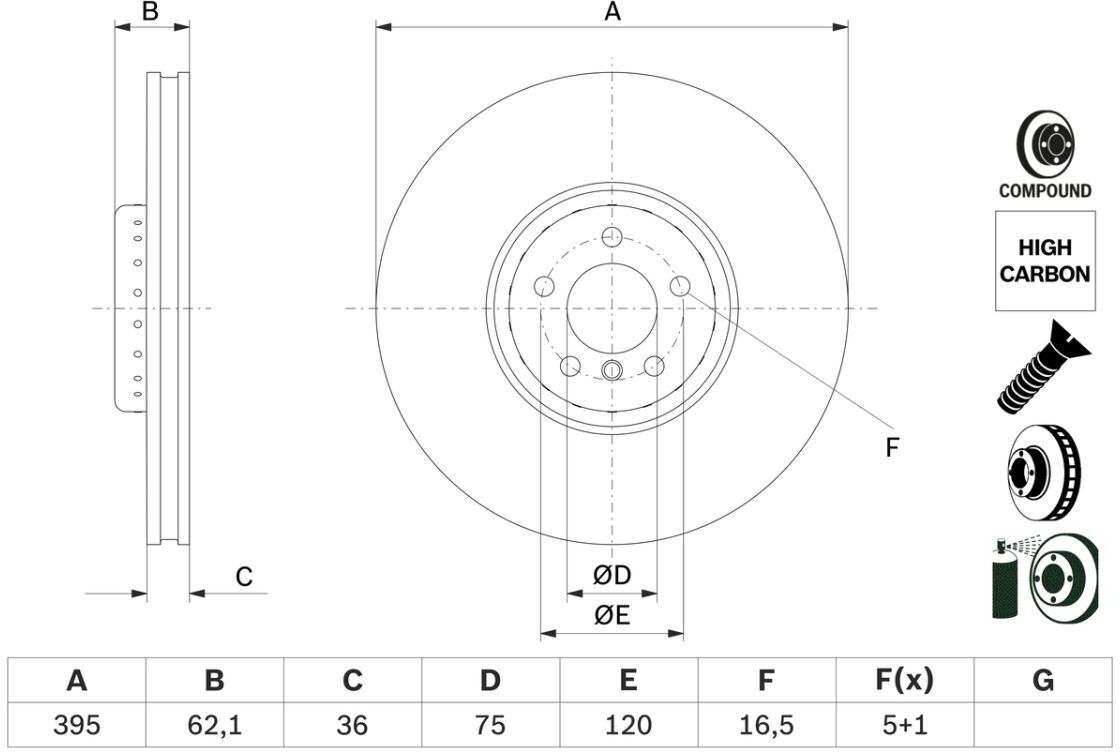 Bremsscheibe BOSCH 0 986 479 E84 vorne, belüftet, hochkarbonisiert, 1 Stück