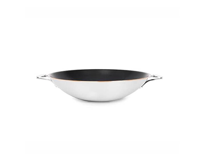 Olav Olavson® Wok Kupferpfanne mit Antihaftbeschichtung aus 5-Schicht-Material, induktions- und spülmaschinengeeignet, wiederbeschichtbar, entwickelt in Deutschland (36cm beschichtet Servierer)