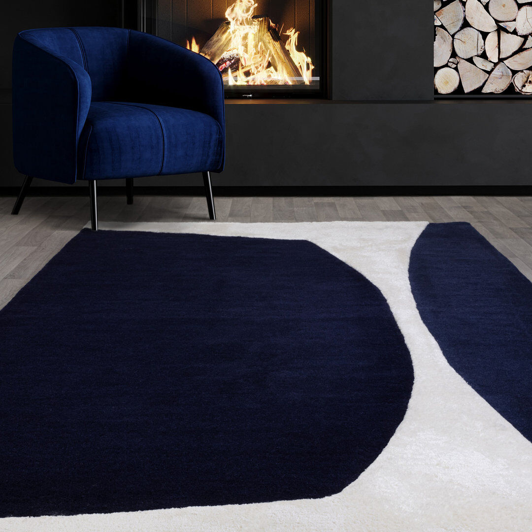 Ivy Bronx Corel Geometric Handmade Hand Tufted Navy Area Rug White;Blue Rectangle 120 x 170cm