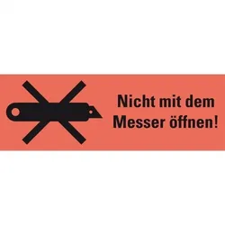 Aufkleber I Hinweisetikett N.mit dem Messer öffn., leuchtrot, Haftpapier, permanent, 147x50mm, 250/RO