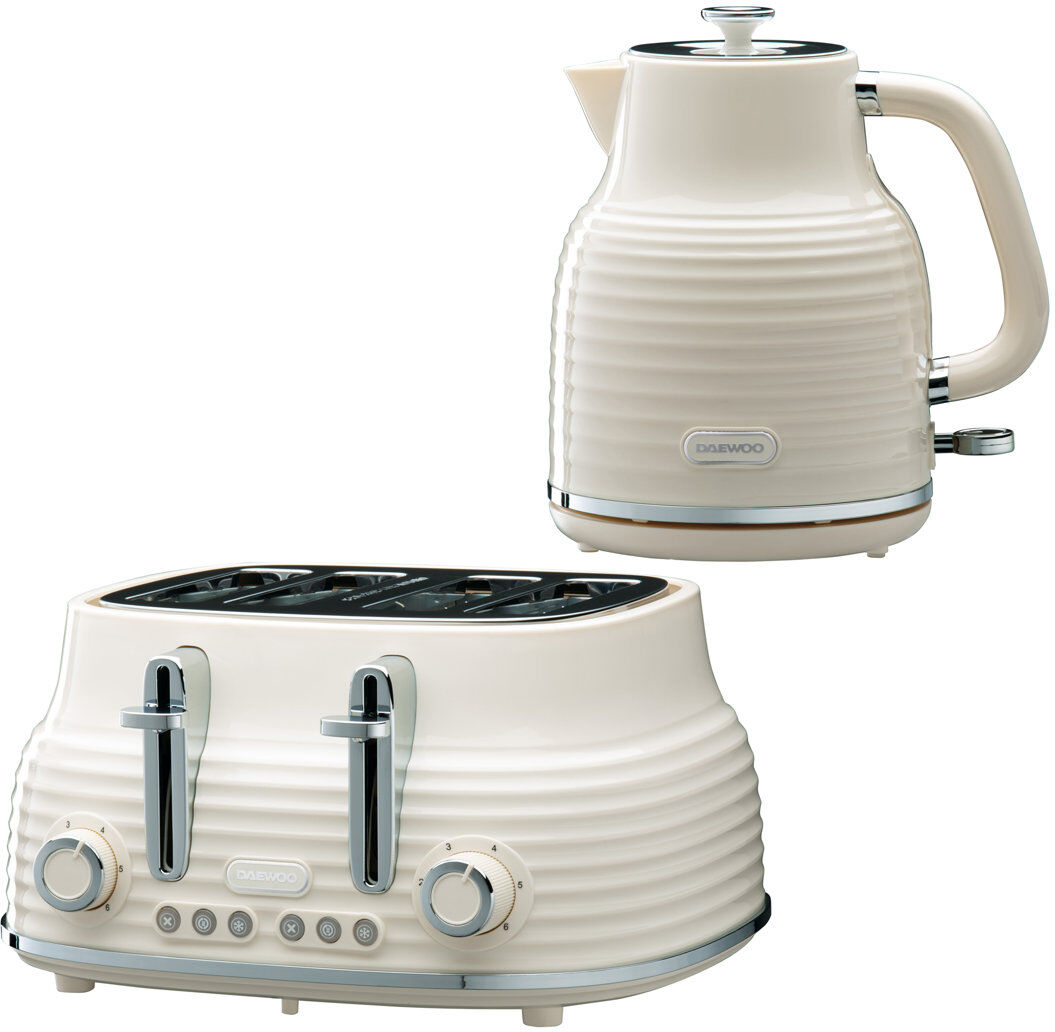 Daewoo Sienna Cordless Cream Jug Kettle And 4 Slice Toaster Set Rapid Boil Cream 1.7L