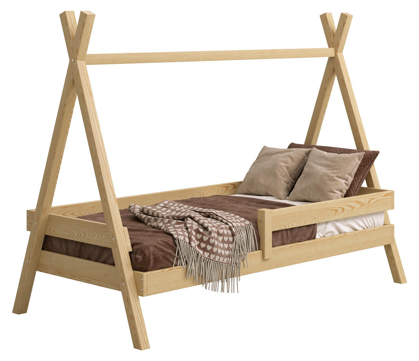 MEBLE WRÓBEL Kinderbett Tipi 80x160 cm - Bett aus Kiefernholz mit Auszugbett & Rausfallschutz - Hausbett für Mädchen und Jungen - Abgerundete Kanten