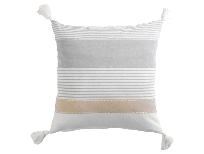 Deko-Kissen aus Baumwolle, Kissen mit Bommel und Streifen, beige, braun, grau, 40 x 40 cm