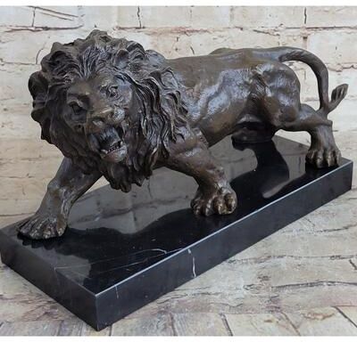 Bronzhaus Bronze Sculpture Angry Hungry Male Lion Marble Base Figurine Art Deco Figure