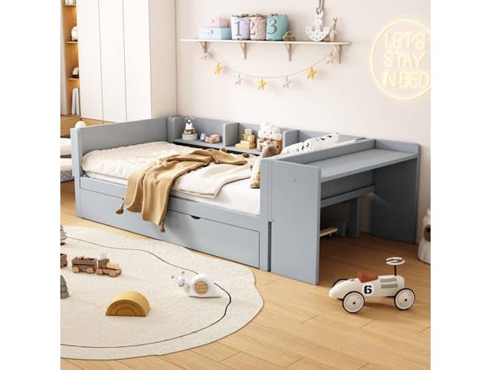 Bellemave Flachbett 90x200,ausziehbarem Bett,Schreibtisch & Regalen,Grau Kiefernmassivholz, Lattenrost inklusive, Schlafplatz-Schreibtisch-Stauraum, mit ausziehbarem Zusatzbett, für Kinderzimmer