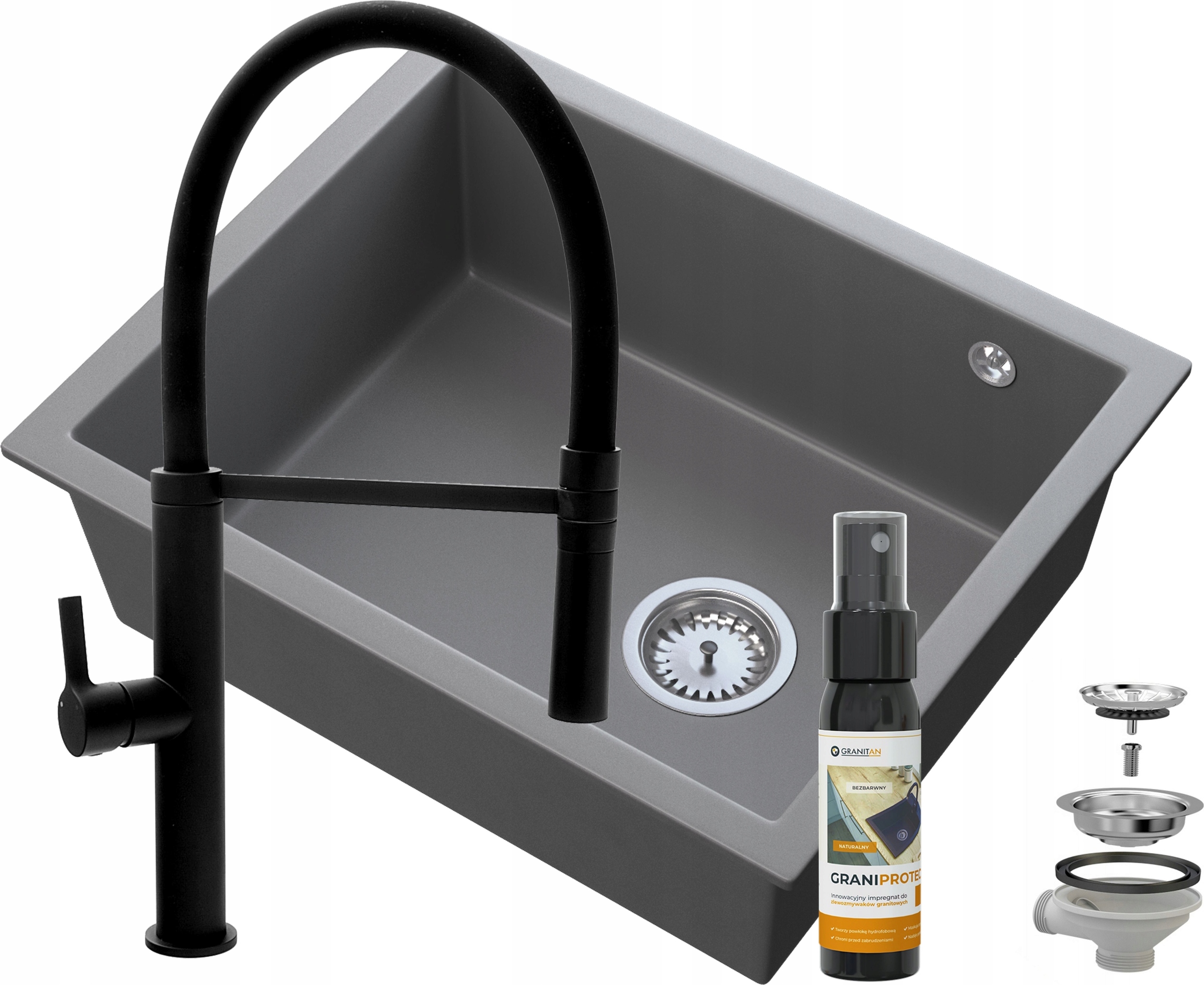 Granitan - Granitspüle - Küchenspüle - Schwarz - mit Armatur - Spülbecken - SALIX