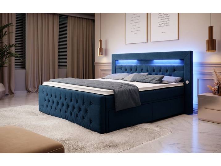 Boxspringbett Sunshine mit indirekter Beleuchtung, USB und Stauraum - 180x200 - Blau - H4 (100kg+) - Luxusbetten24