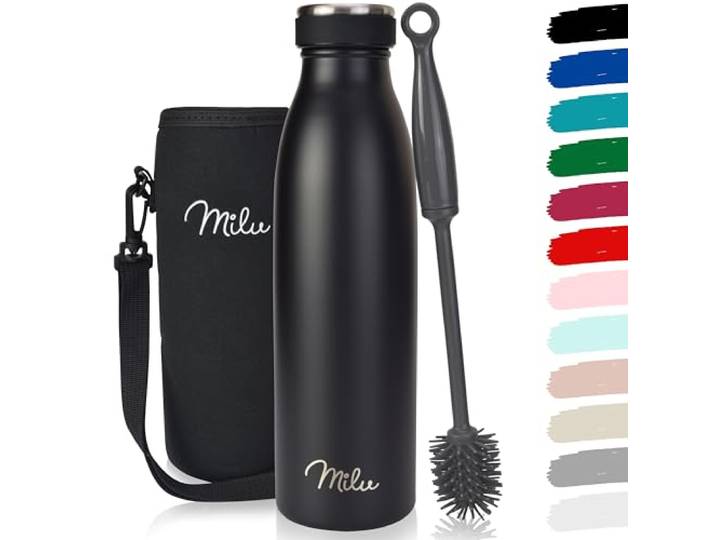Milu Roestvrij Staal Vacuüm Geïsoleerde Waterfles - 500ml, 750ml, 1l - Dubbelwandige Metalen Fles, Voor Warme, Koude & Koolzuurhoudende Dranken (Zwart, 500ml)