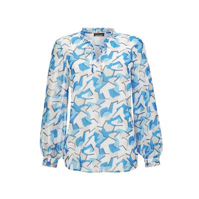 Chiffonbluse GOLDNER "Bluse", Damen, Gr. 42, blau (blau, gemustert), Obermaterial: 100% Polyester PES., Manschette, Blusen Chiffonbluse, Mit femininen Rüschendetails