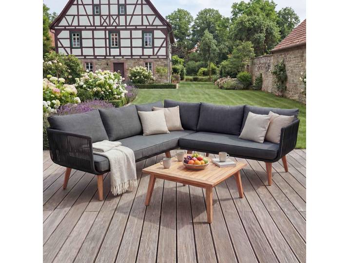 Garten-Garnitur HWC-L30, Garnitur Sitzgruppe Lounge-Set Sofa, Akazie Holz MVG- Polster dunkelgrau