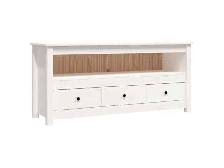 Roanoer TV-Schrank Weiß 114x35x52 cm TV Lowboard Massivholz Kiefer Rustikales Lowboard im Landhausstil aus Massivholz mit 3 Schubladen und Fach für Wohnzimmer oder Schlafzimmer.