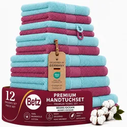 Betz 12-tlg. Handtuch-Set PREMIUM 100% Baumwolle 2 Duschtücher 4 Handtücher 2 Gästetücher 2 Seiftücher 2 Waschhandschuhe beere/ocean