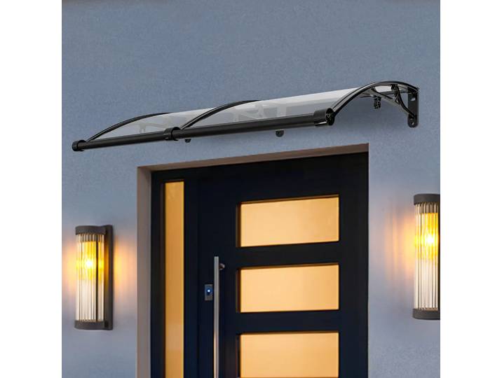 Auvent pour porte d'entrée 120 x 60 cm, auvent pour porte d'entrée W Cadre noir + panneau transparent pour l'extérieur, protection solaire, housse de pluie
