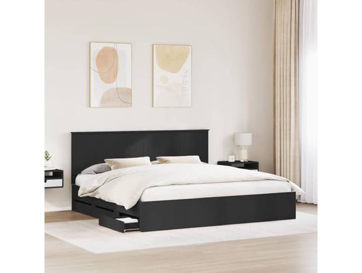 SKTQYQO Bettgestell schwarz 200 x 200 cm aus technischem Holz Freistehend, feste Latten, versteckte Schubladen, einfache Wartung