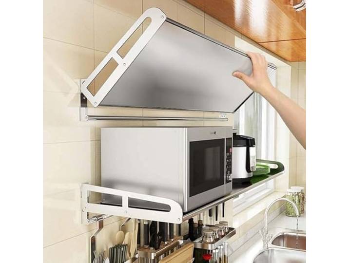 GAOCUNBING Mikrowellenregal, faltbares Wandregal aus Edelstahl für Mikrowellenherde mit Aufhängestange und 5 Haken, Mikrowellen-Thekenregal, Küchenaufbewahrungsregal 35 * 100