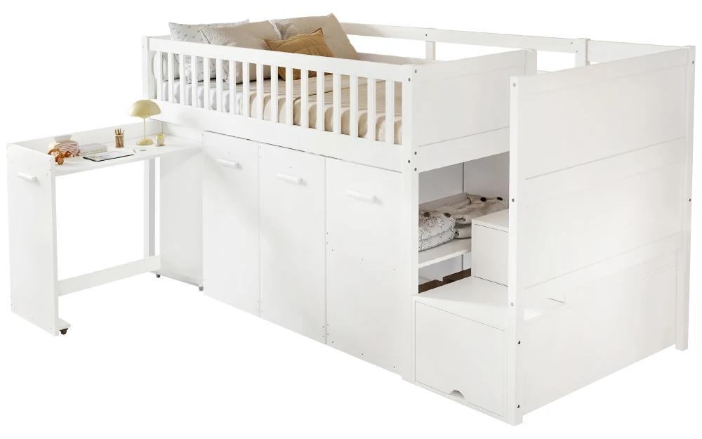 Etagenbett - Multifunktionsbett - 90 x 200 cm - Holz - Schreibtisch - Kleiderschrank - Stauraum in der Treppe