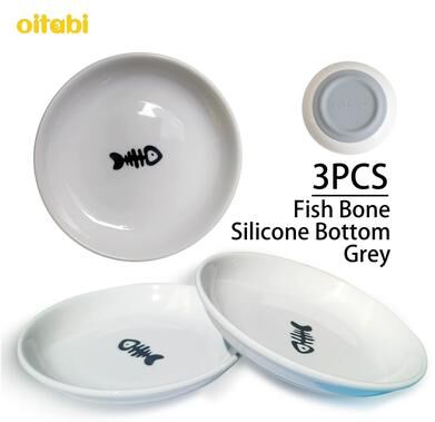 Inspired Finds Oitabi 3PCS Ceramic Cat Bowl Set Wide Shallow Anti Whisker Fatigue Pet Dishes grey Fish Bone 3pcs