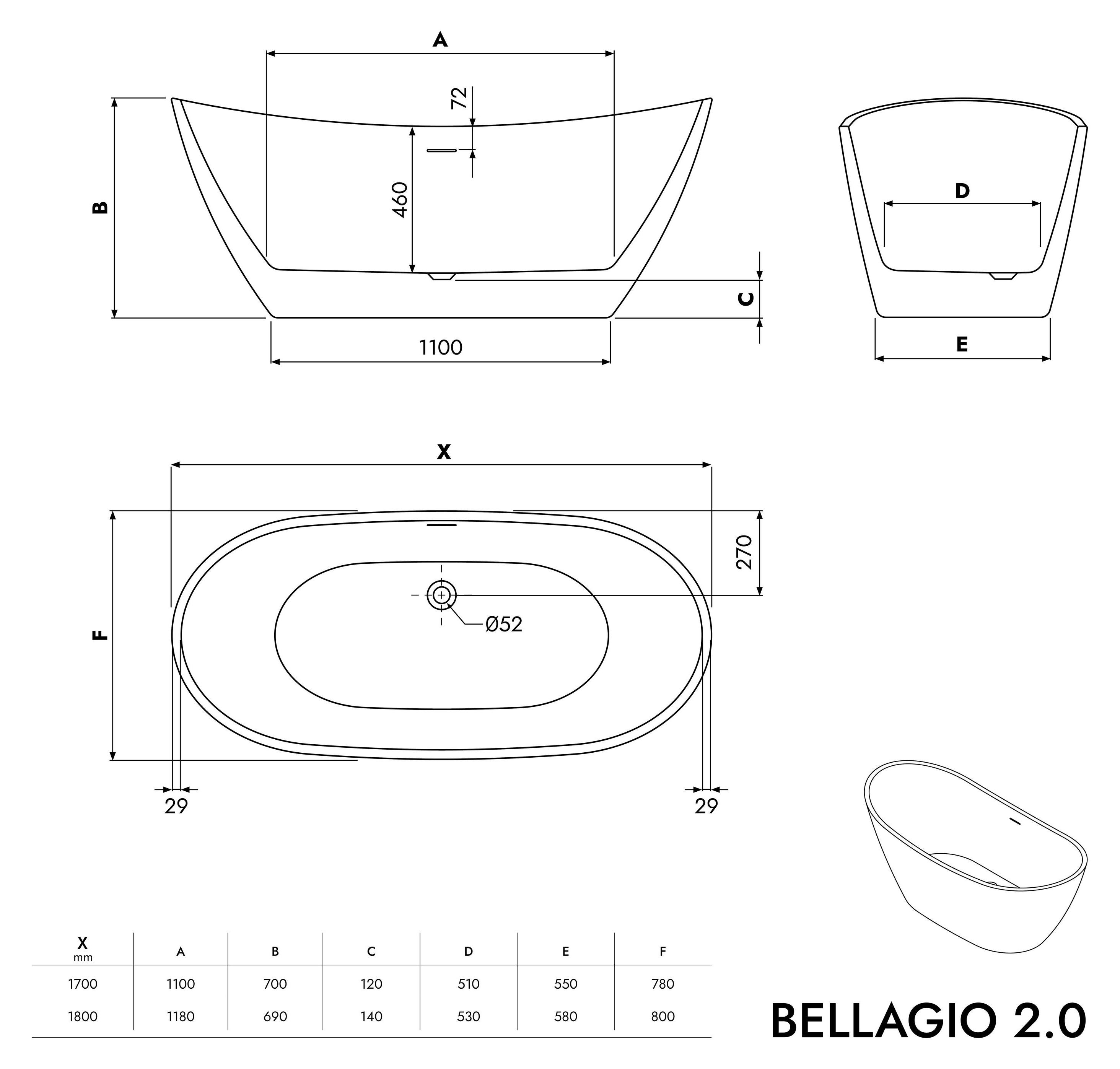 Freistehende Badewanne BELLAGIO 2.0 - Acryl - Größe & Oberfläche wählbar, Farbe:Weiß glänzend, Größen:180 x 80 cm
