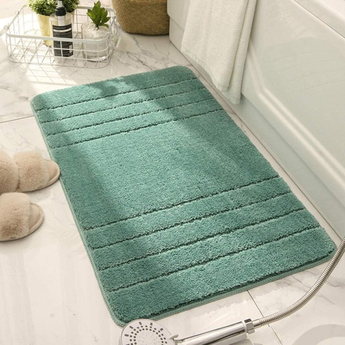 Benzine groene antislip badkamermat van zachte microfiber in rechthoekige vorm