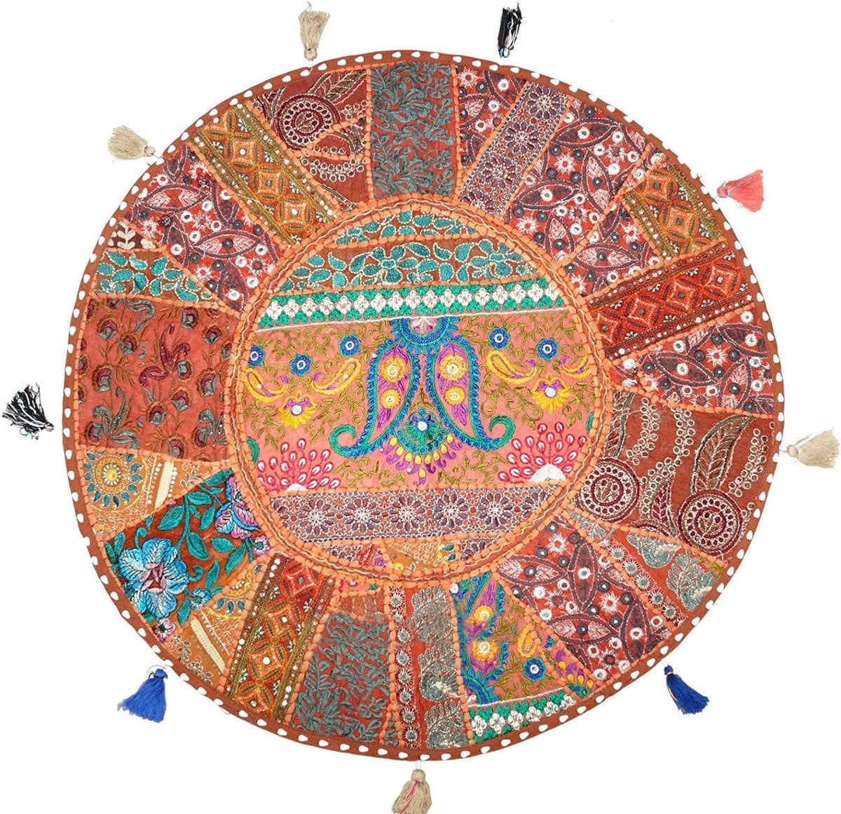 Handgemaakt Patchwork Vloerkussen Rood - Ottomaanse Poef - Diameter: 71 cm