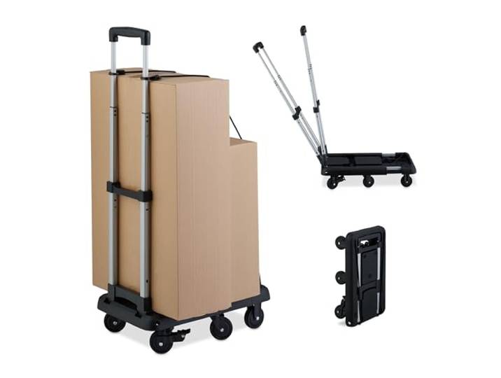 Relaxdays Chariot de Transport Pliable\, Extensible\, poignée télescopique\, 4 roulettes\, 2 Roues Frein\, Max 100 kg\, Noir