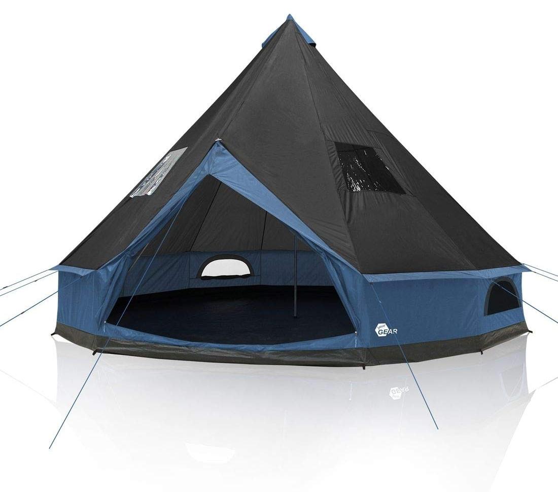 Tipi-Zelt Familienzelt Campingzelt Pyramidenzelt - Ø 400 x 250 cm - 5000 mm Wassersäule - Blau und Grau - Für 4 bis 6 Personen