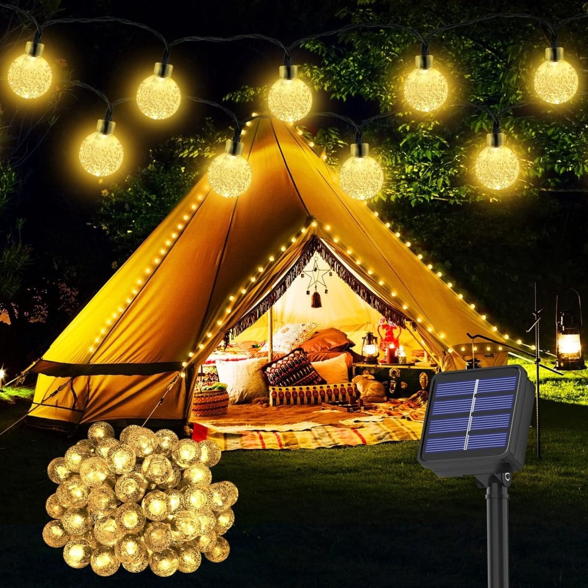 Outdoor Solar Lichtslingers met 30 Warm Witte LED Kristallen Ballen - 6,5M - Diameter: 2,4 cm - Waterdicht IP65