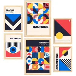 POSTER Set Mit 6 Drucken Im Bauhaus 4 Geometrische Designkollektion Drucke Mit Ästhetische Dekorative Für Zuhause A3 & A4 Rahmen Aus Hellem Holz