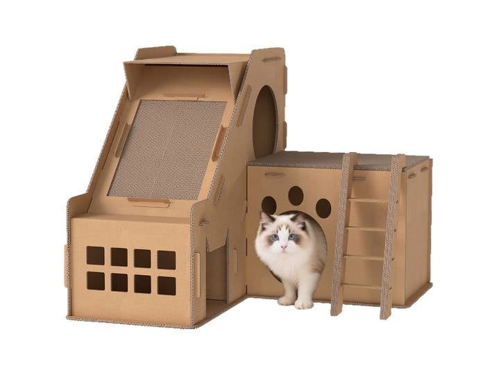 Griffoir en carton pour chats, forme de château, 2 en 1, avec 2 zones de griffonnage, herbe à chat, 67x66x57 cm, marron