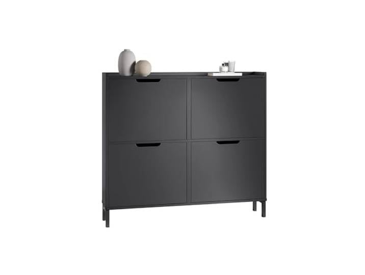 SoBuy Schuhschrank Schmal mit 4 Klappen - Platzsparender Schuhkipper für Kleine Wohnungen, Enge Flure & Durchgänge, Flurschrank für Familien mit Kindern, Designliebhaber 100x91x19cm Schwarz FSR100-SCH