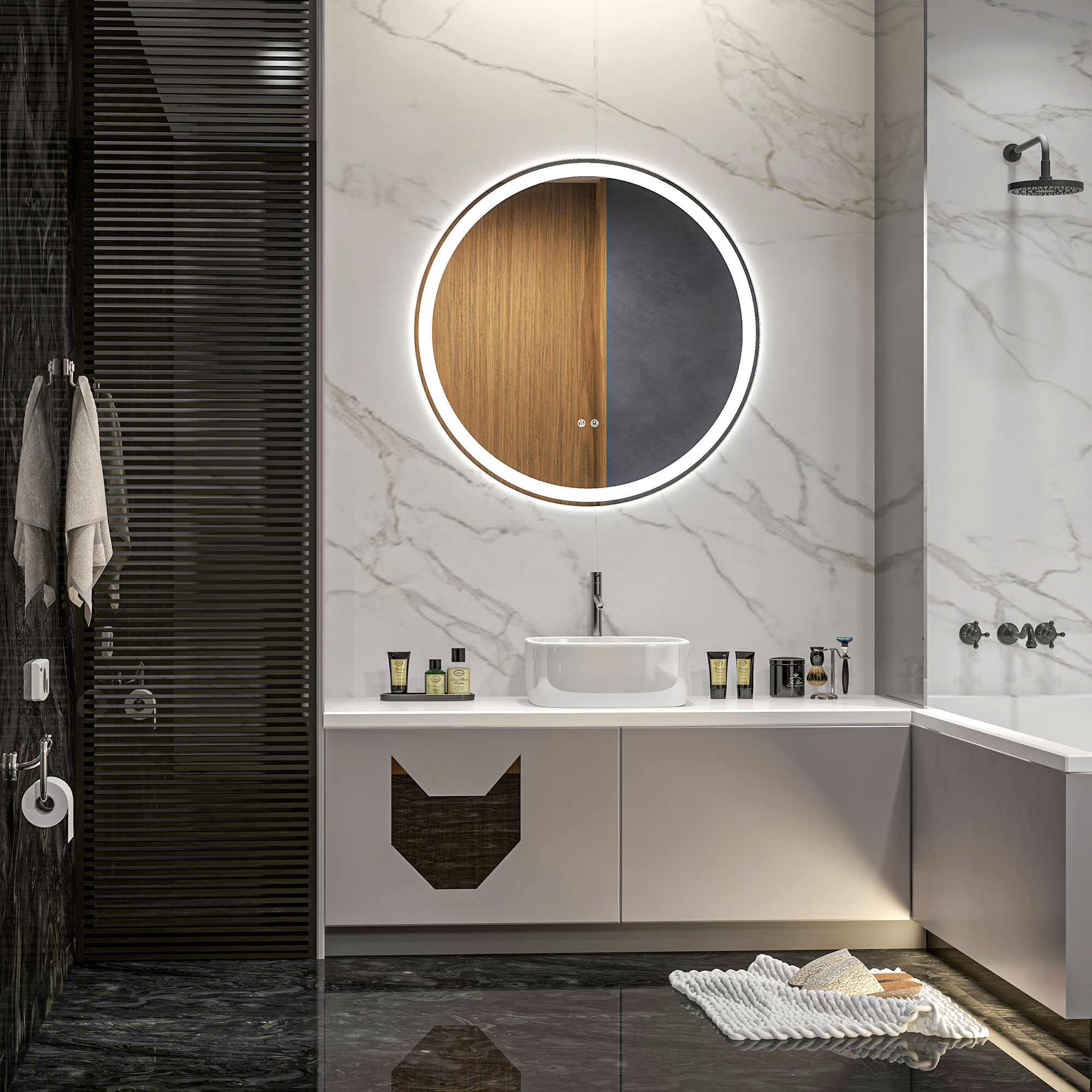 Kleankin Specchio rotondo luminoso LED da bagno Ø 70 cm murale con illuminazione 3 colori interruttore tattile 23W bianco argento