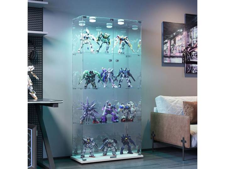 Vitrine en Verre - 4 Étagères Réglables - Éclairage LED RGB - 163x78.5x35cm - Blanc