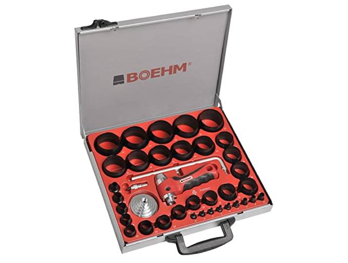 BOEHM - Coffret d'Emporte-Pièces Découpe-Joint - Avec Poignée Anti Vibration\, Cutter Circulaire Ø 420mm\, Mandrin et Pointe de Centrage - Fabriqué en France - 34 Emporte-Pièces\, 2-60mm