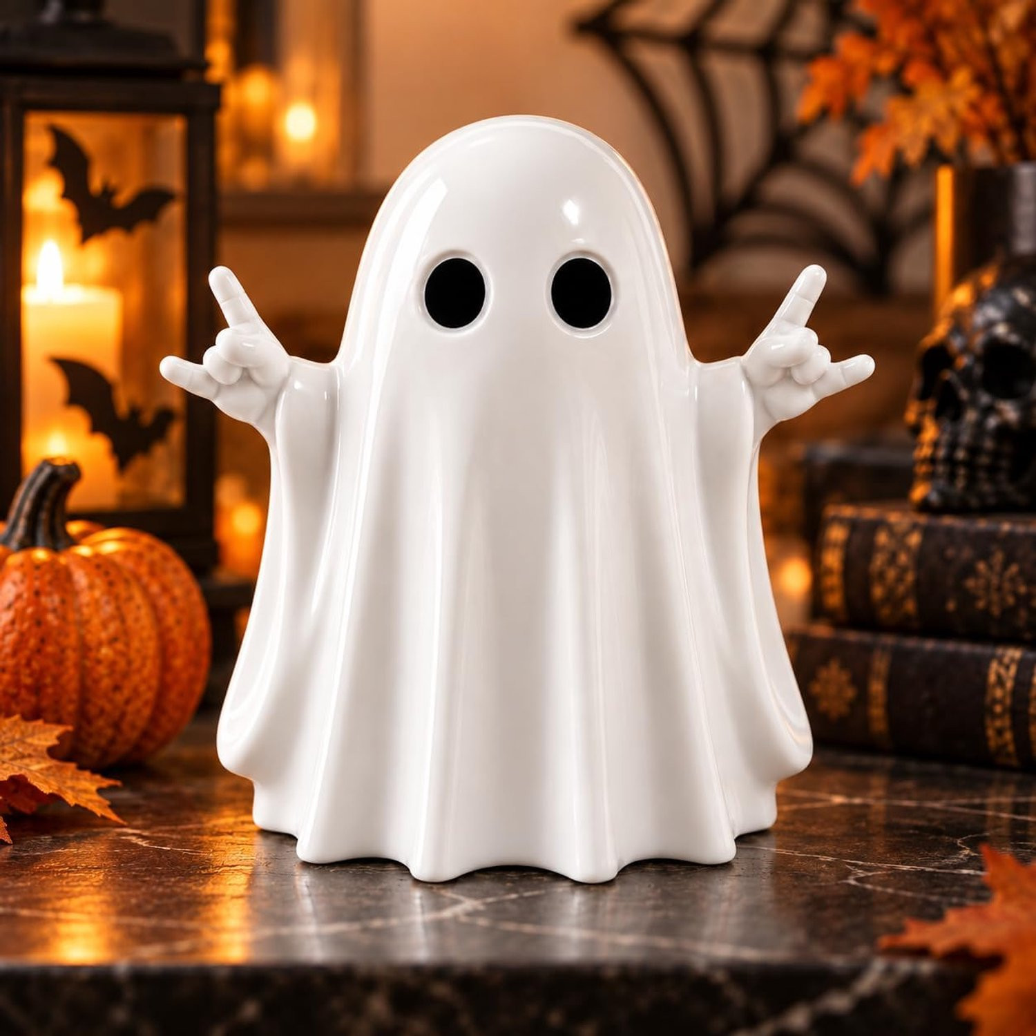 Grappig Ghost Beeld met Rock Hand - Glanzende Hars Halloween Decoratie voor Muziekliefhebbers en Gotische Interieurs