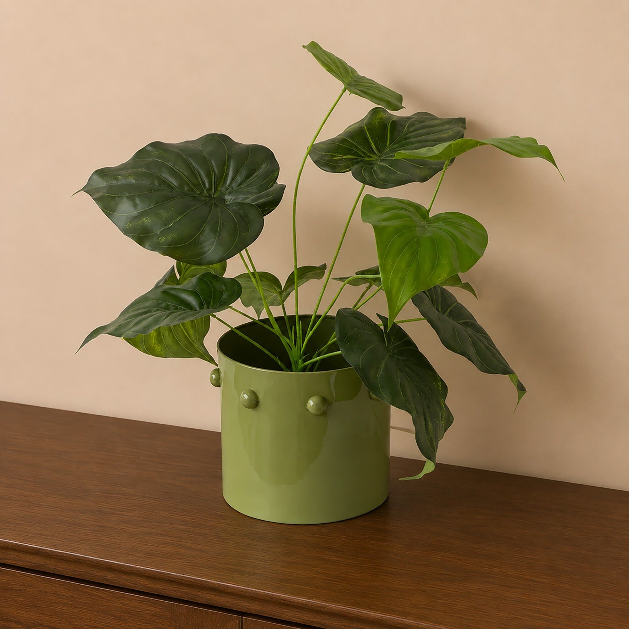 Medium Olive Green Bobbled Metal Planter Pot - 18.5cm x 22cm Metal