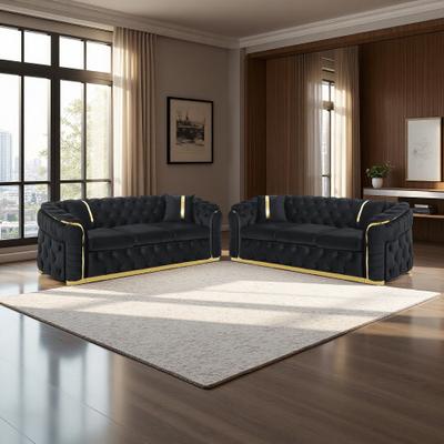 ZWYO HOSIMU Velvet Chesterfield Sectional Sofa Set with Gold Stainless Steel Accents and 4 Pillows (6-Seat)