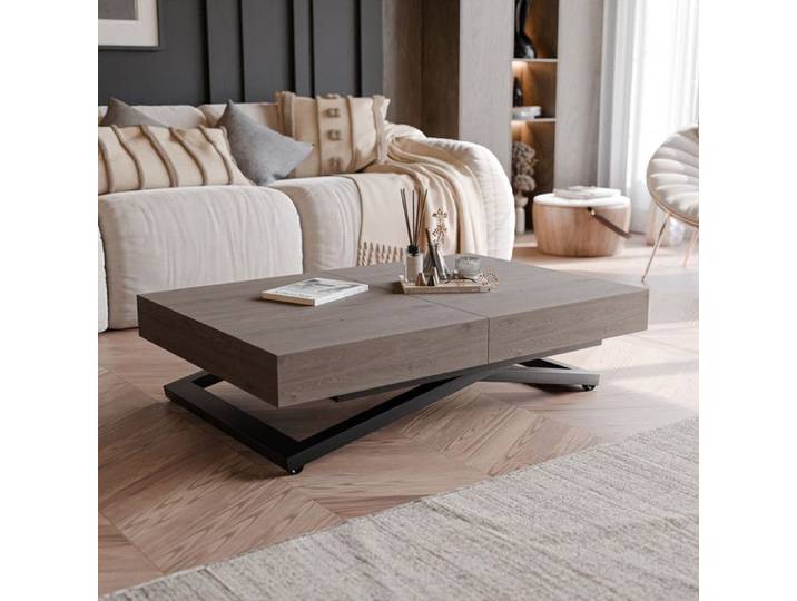 Table Basse Extensible SANELLE - Réglable Hauteur - 120x80x76 cm - 4-6 personnes - Noir / Chêne Davos