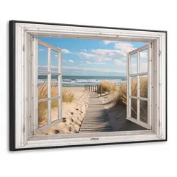 LEINWAND Bilder mit Rahmen - Fenster - Meer - Küste - Natur - Ausblick - Strand - Wattenmeer - 120x80