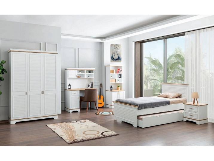 Xlmoebel Schlafzimmer-Set Landhaus Schlafzimmermöbel in Weiß mit Holzoptik, (5-tlg., Schlafzimmer-Set), Hergestellt in Europa