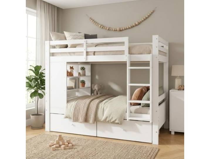 XINGNING Etagenbett aus Holz mit 2 Schubladen und Regal Platzsparend für 2 Kinder mit Leiter
