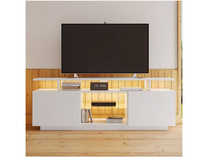 Meuble TV blanc AESVAR 140 cm LED 16 couleurs app contrôlée 2 portes brillantes pour TV 60 pouces