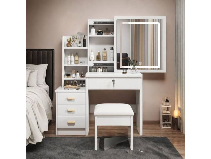 Coiffeuse - POCKETPOP - Miroir LED réglable 3 couleurs - 4 tiroirs - Blanc contemporain