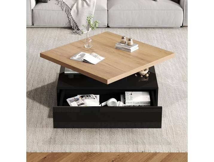 Table basse salon carré 70x36cm Table basse brillant salon Table d'appoint avec plateau rotative 360° et 1 tiroir - noir + noyer
