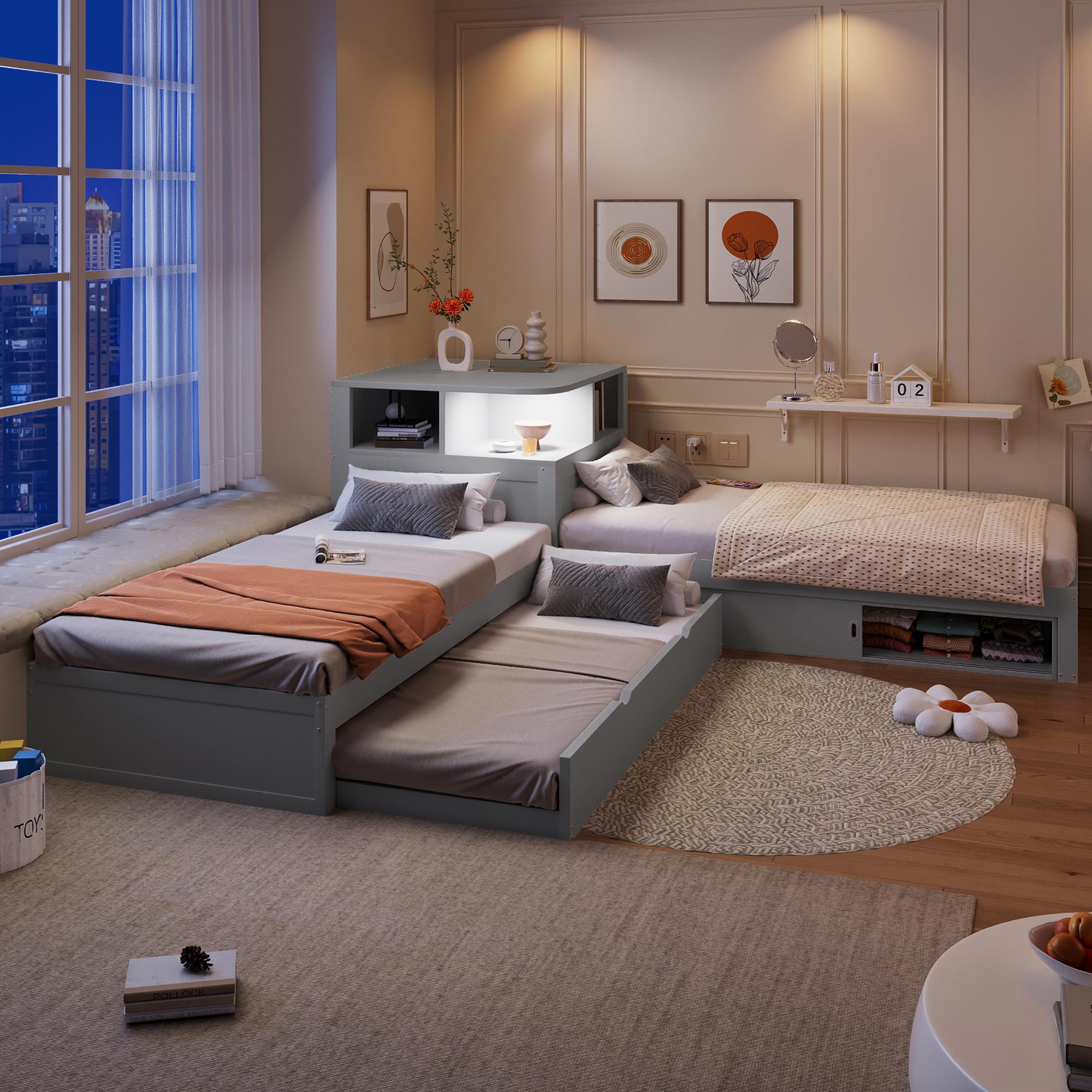 Flieks L-förmiges Plattformbett Holzbett 90x200cm mit Ausziehbett 90x190cm, Kinderbett Bodenbett mit Led und Staufach, Funktionsbett Grau